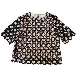 Kate Spade Black Bloom Flower Crochet Lace Blouse Top Size 4 Pastel Pink Lined